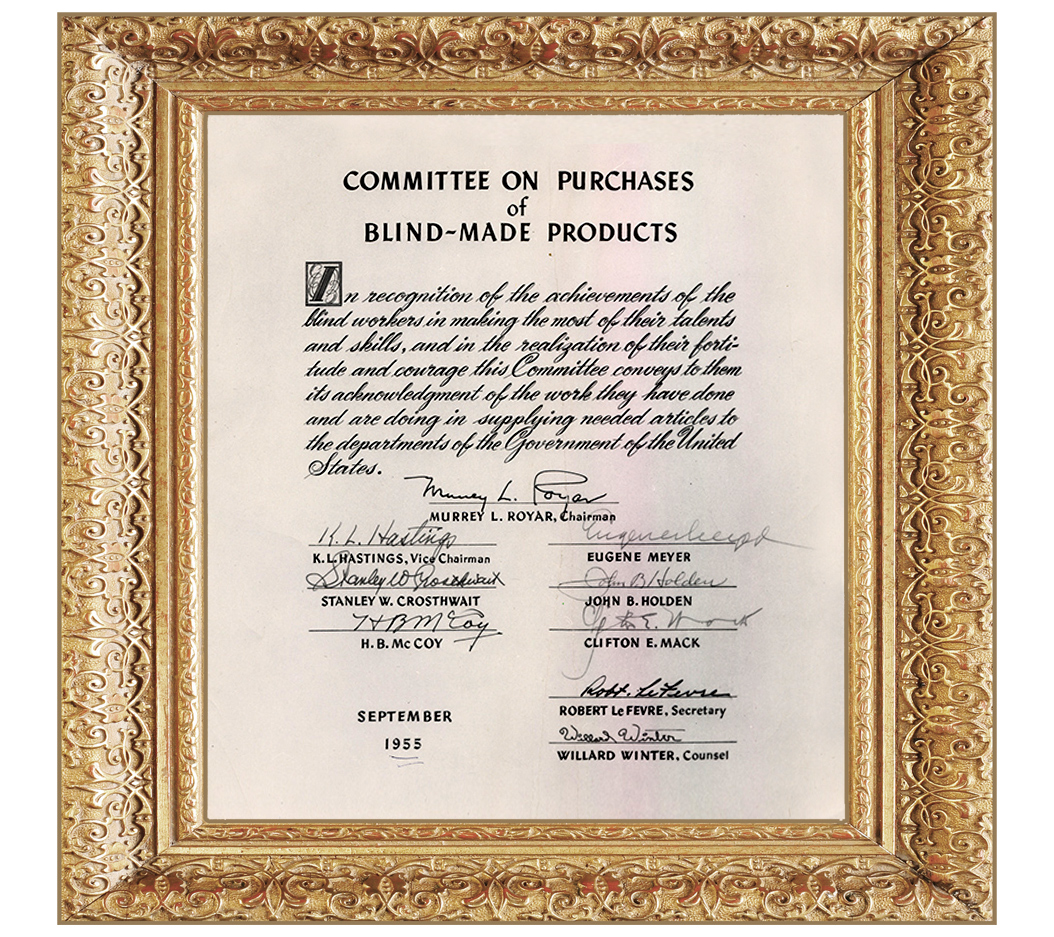 Image of framed Recognition from Committee on Purchases of Blind Made Products that was presented to Alphapointe by Helen Keller in 1955