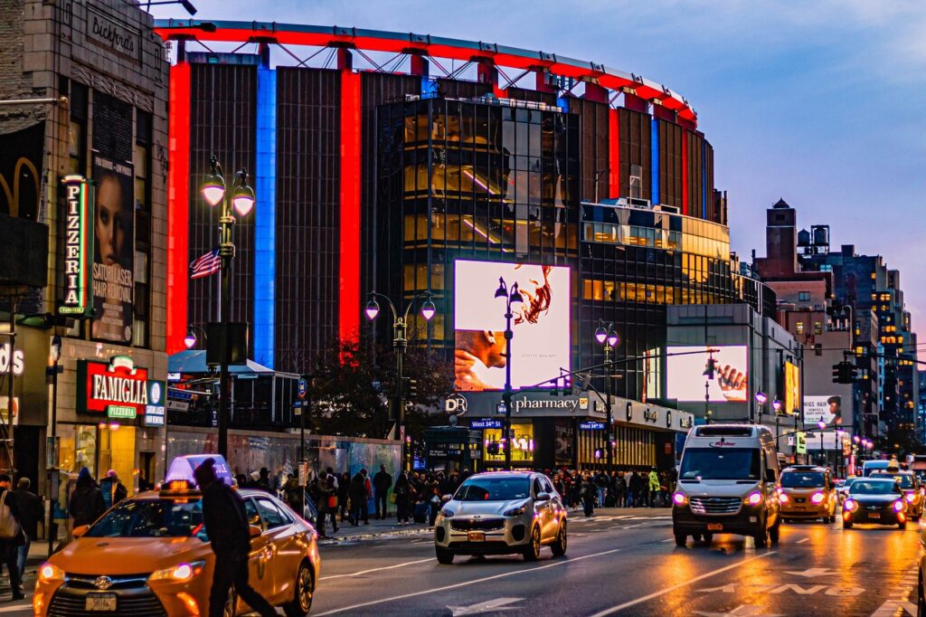 A night time image of Madison Square Garden. 