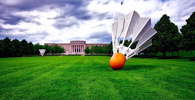 The front lawn of the Nelson complete with a giant shuttlecock on the front lawn.